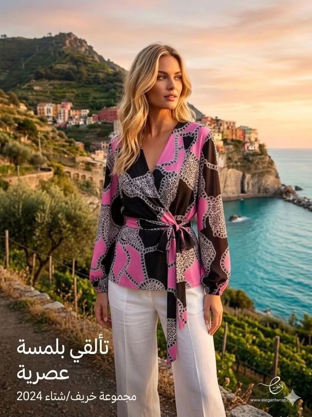 Macy's Pink and Black Patterned Wrap Blouse with Side Tie